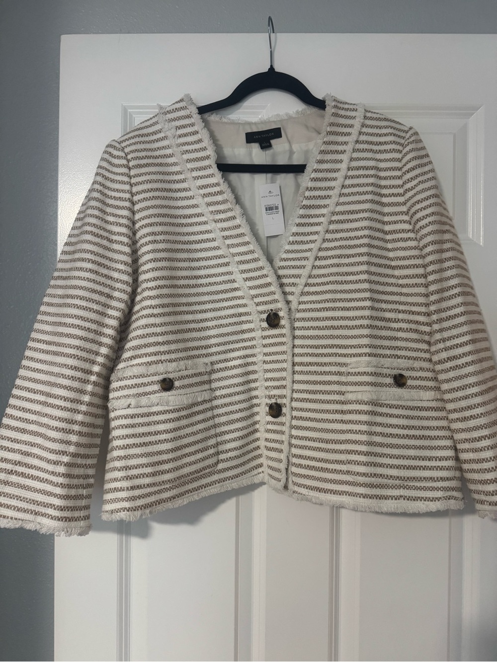 Ann Taylor Cream & Taupe Striped Tweed Blazer